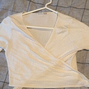 Reformation Cream Ribbed Wrap Blouse